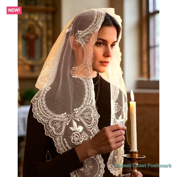 Polyester Lace Mantilla Veil with Cross Rose Embroidery for Church main image 6
